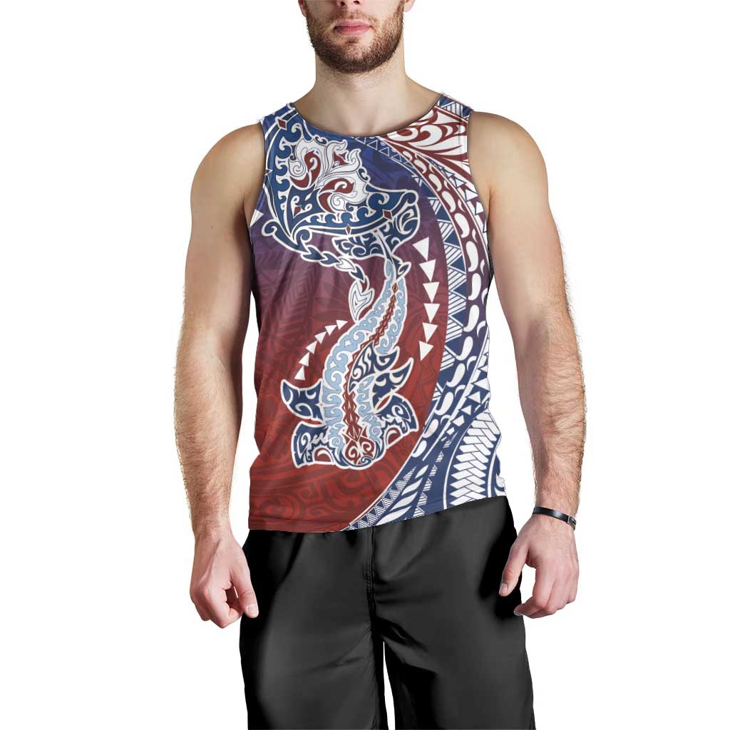 Hawaiian Manta Ray and Hammerhead Shark Tribal Tattoo Men Tank Top with Polynesian Tribal Pattern Hawaii Flag Color LT03 - Polynesian Pride