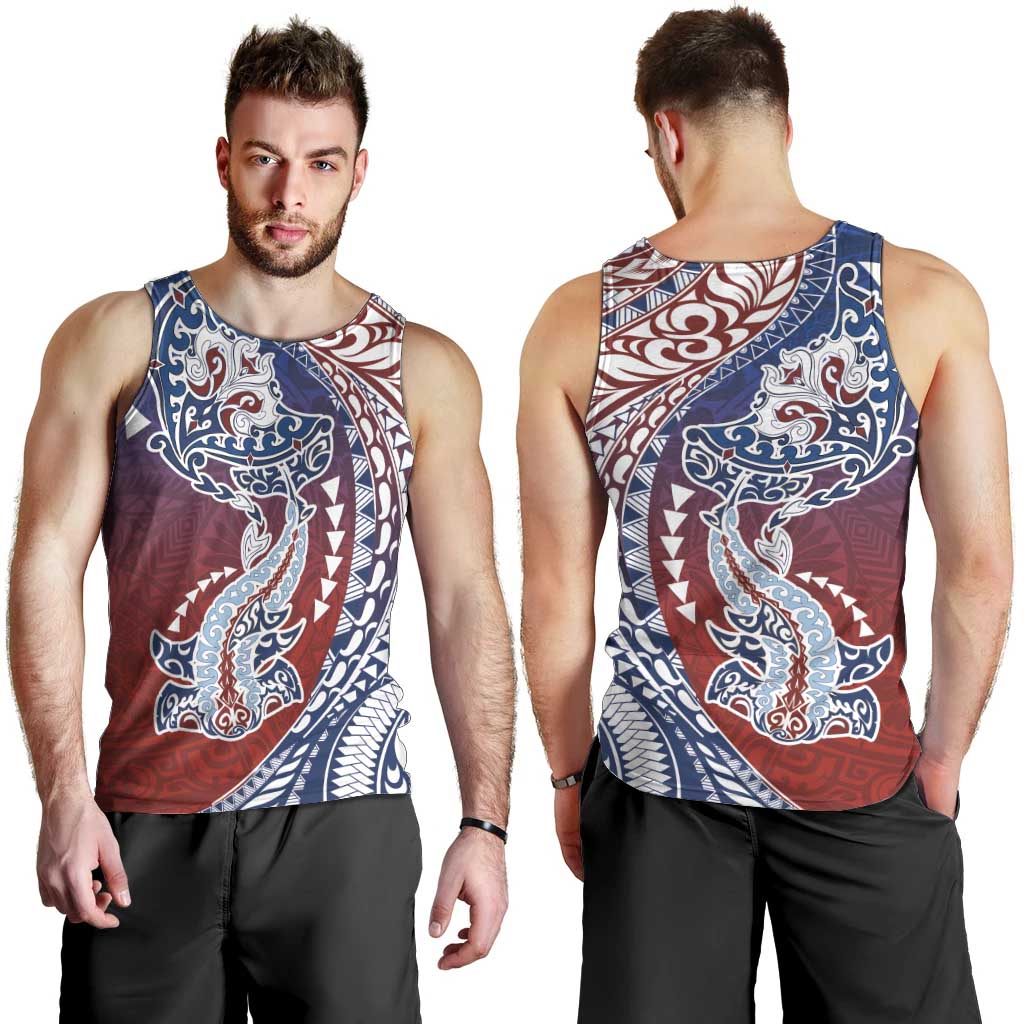 Hawaiian Manta Ray and Hammerhead Shark Tribal Tattoo Men Tank Top with Polynesian Tribal Pattern Hawaii Flag Color LT03 - Polynesian Pride