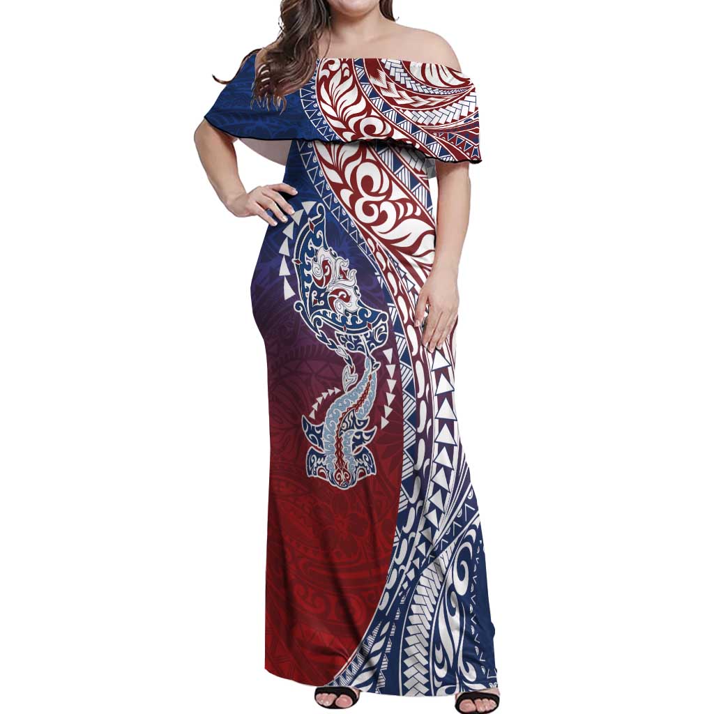 Hawaiian Manta Ray and Hammerhead Shark Tribal Tattoo Off Shoulder Maxi Dress with Polynesian Tribal Pattern Hawaii Flag Color LT03 Women Multicolor - Polynesian Pride
