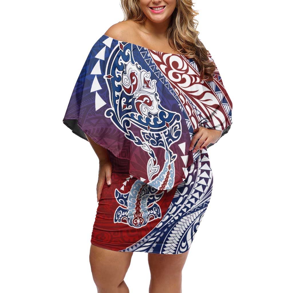 Hawaiian Manta Ray and Hammerhead Shark Tribal Tattoo Off Shoulder Short Dress with Polynesian Tribal Pattern Hawaii Flag Color LT03 Women Multicolor - Polynesian Pride