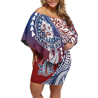 Hawaiian Manta Ray and Hammerhead Shark Tribal Tattoo Off Shoulder Short Dress with Polynesian Tribal Pattern Hawaii Flag Color LT03 Women Multicolor - Polynesian Pride