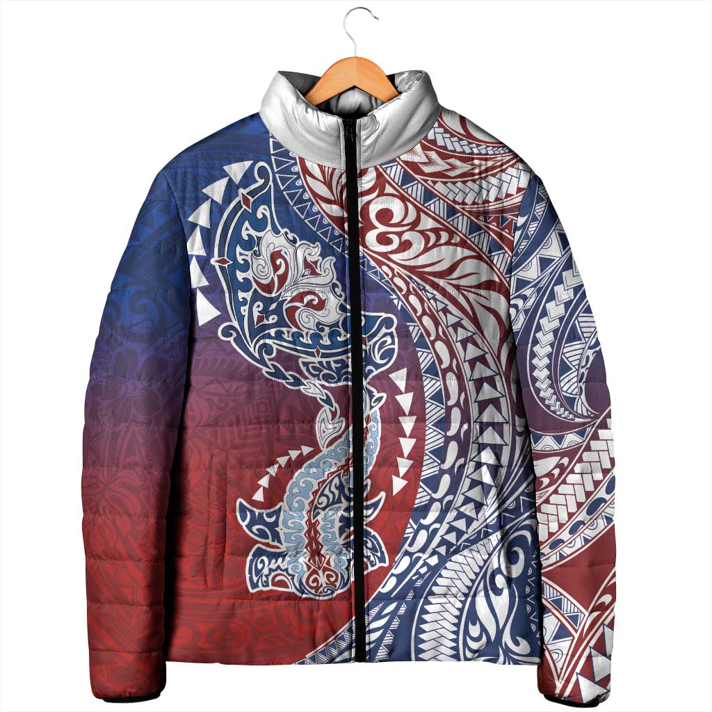 Hawaiian Manta Ray and Hammerhead Shark Tribal Tattoo Padded Jacket with Polynesian Tribal Pattern Hawaii Flag Color LT03 - Polynesian Pride