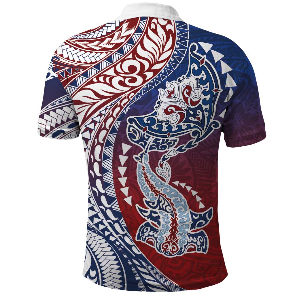 Hawaiian Manta Ray and Hammerhead Shark Tribal Tattoo Polo Shirt with Polynesian Tribal Pattern Hawaii Flag Color LT03 - Polynesian Pride