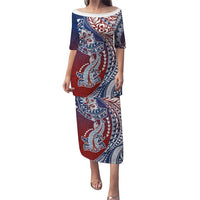 Hawaiian Manta Ray and Hammerhead Shark Tribal Tattoo Puletasi with Polynesian Tribal Pattern Hawaii Flag Color LT03 Long Dress Multicolor - Polynesian Pride