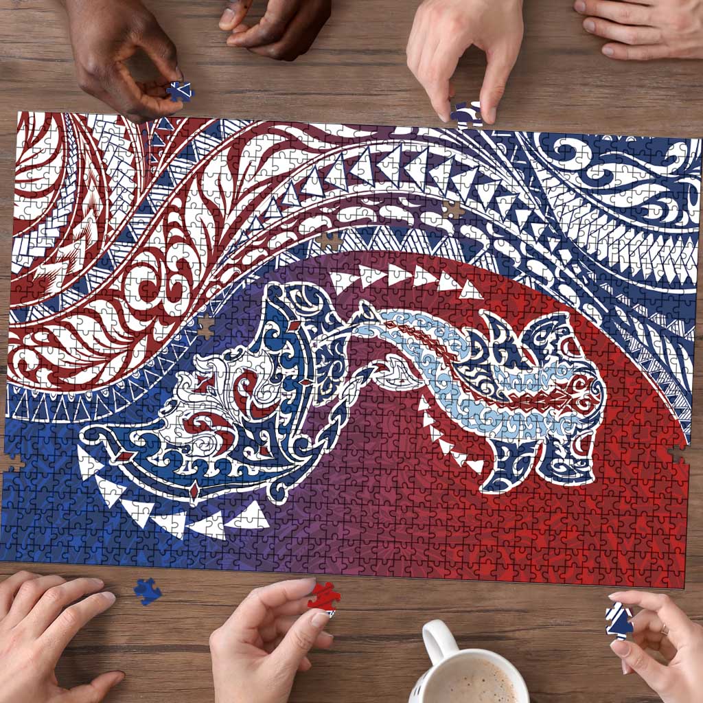Hawaiian Manta Ray and Hammerhead Shark Tribal Tattoo Puzzle with Polynesian Tribal Pattern Hawaii Flag Color LT03 - Polynesian Pride