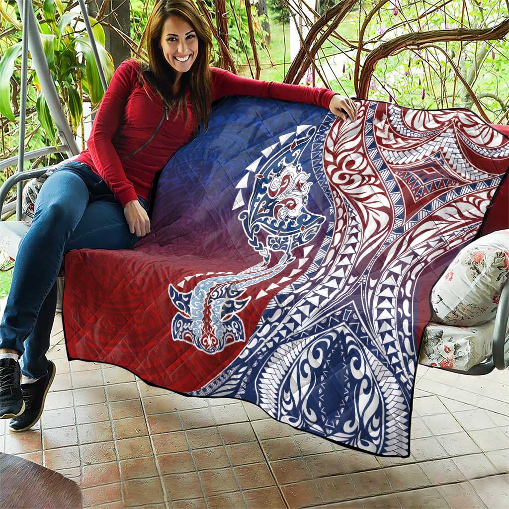 Hawaiian Manta Ray and Hammerhead Shark Tribal Tattoo Quilt with Polynesian Tribal Pattern Hawaii Flag Color LT03 - Polynesian Pride