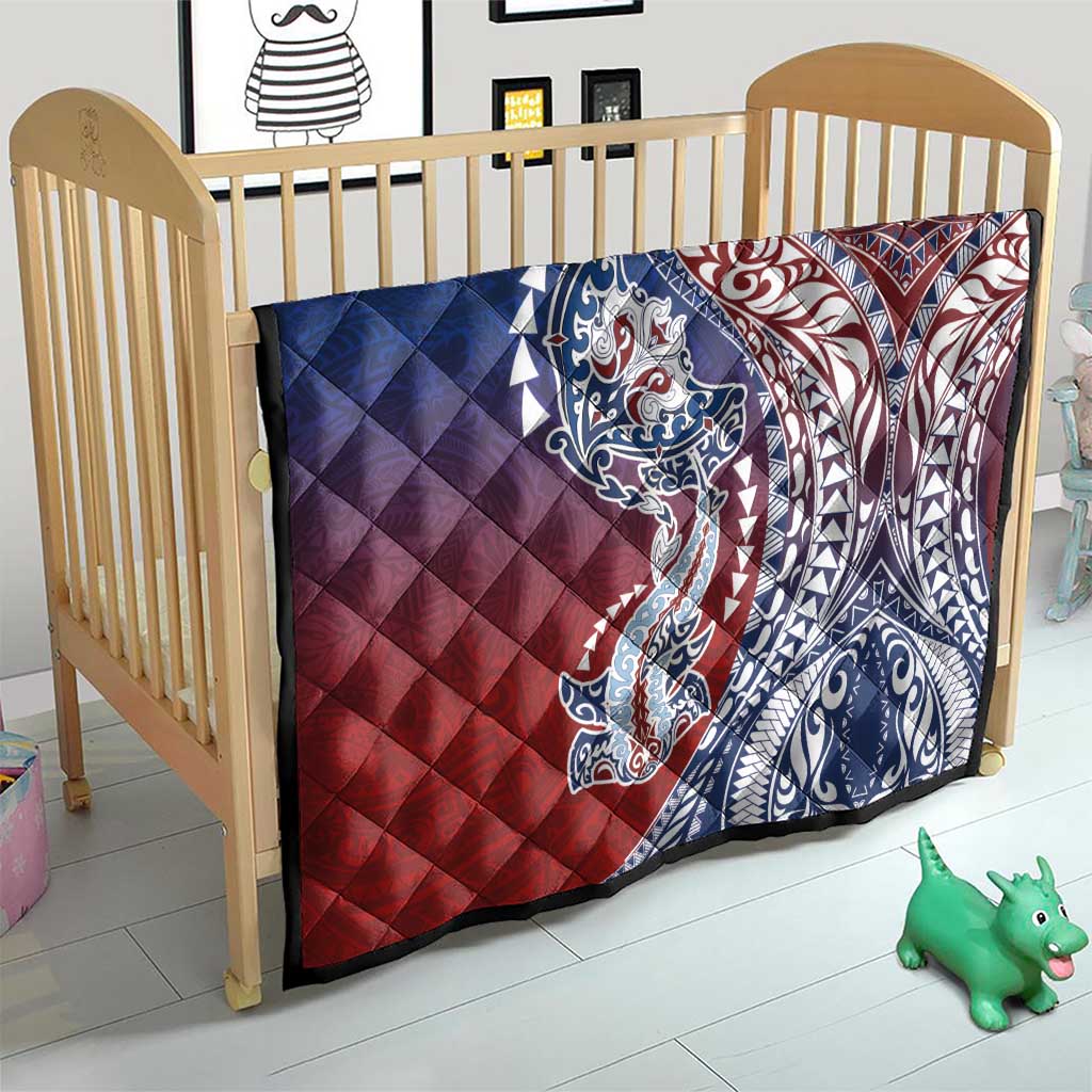 Hawaiian Manta Ray and Hammerhead Shark Tribal Tattoo Quilt with Polynesian Tribal Pattern Hawaii Flag Color LT03 - Polynesian Pride