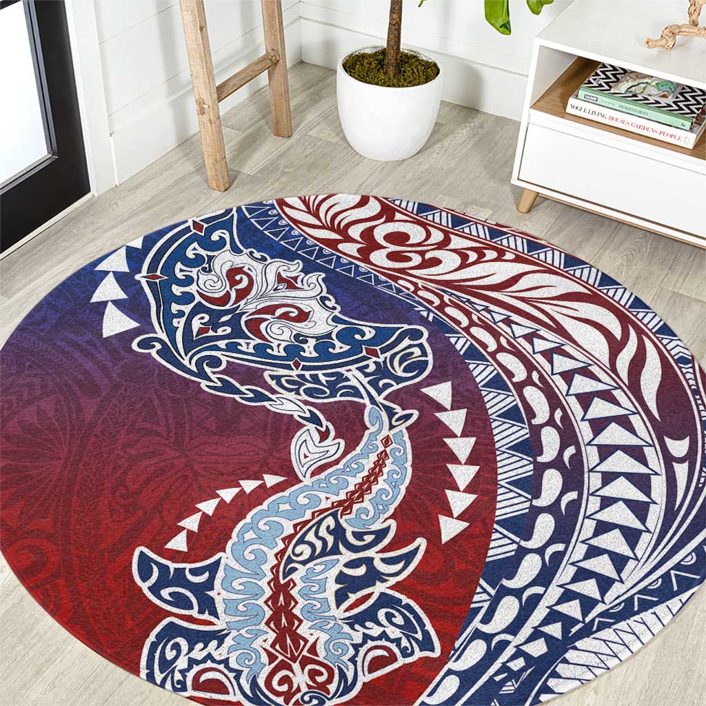 Hawaiian Manta Ray and Hammerhead Shark Tribal Tattoo Round Carpet with Polynesian Tribal Pattern Hawaii Flag Color LT03 Multicolor - Polynesian Pride
