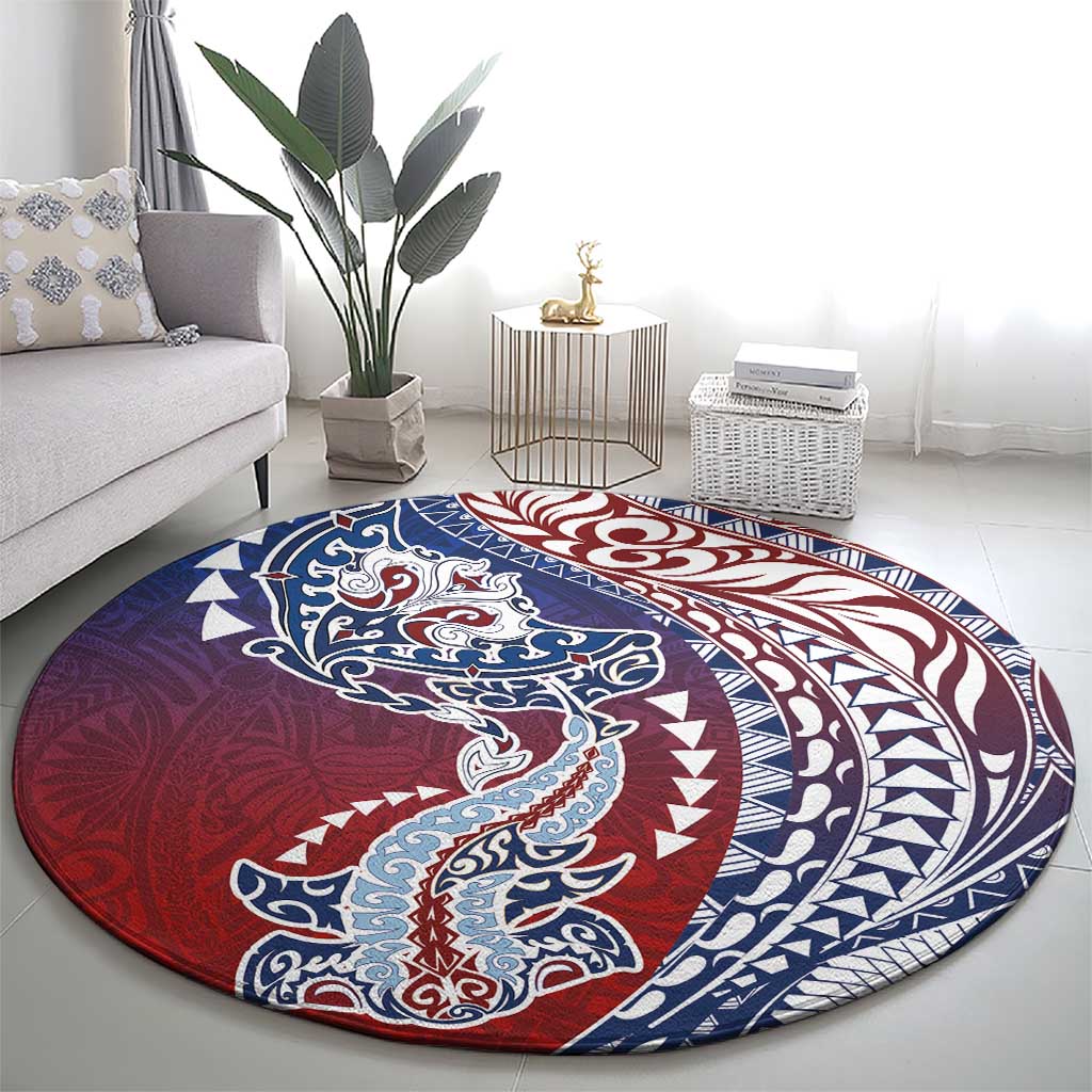 Hawaiian Manta Ray and Hammerhead Shark Tribal Tattoo Round Carpet with Polynesian Tribal Pattern Hawaii Flag Color LT03 - Polynesian Pride