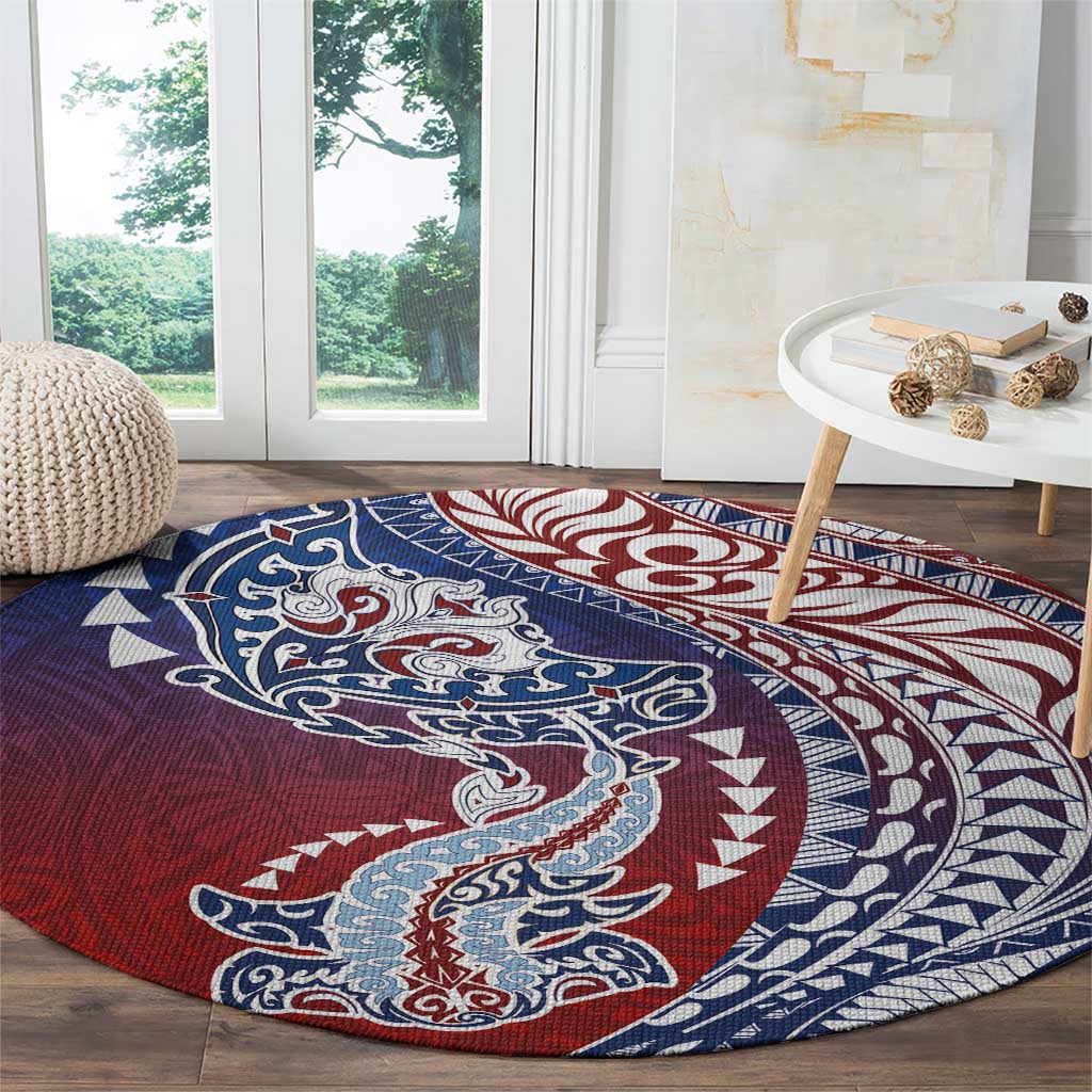 Hawaiian Manta Ray and Hammerhead Shark Tribal Tattoo Round Carpet with Polynesian Tribal Pattern Hawaii Flag Color LT03 - Polynesian Pride