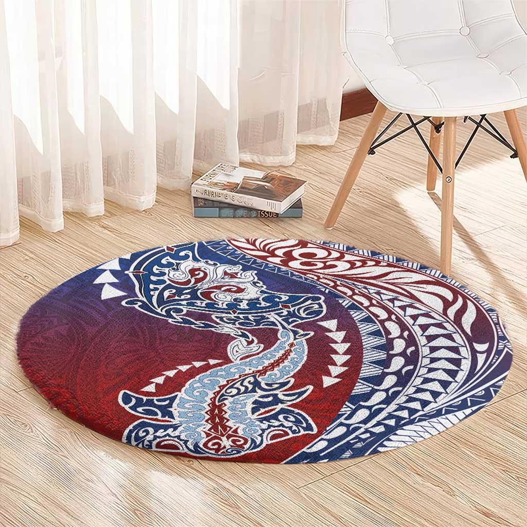 Hawaiian Manta Ray and Hammerhead Shark Tribal Tattoo Round Carpet with Polynesian Tribal Pattern Hawaii Flag Color LT03 - Polynesian Pride