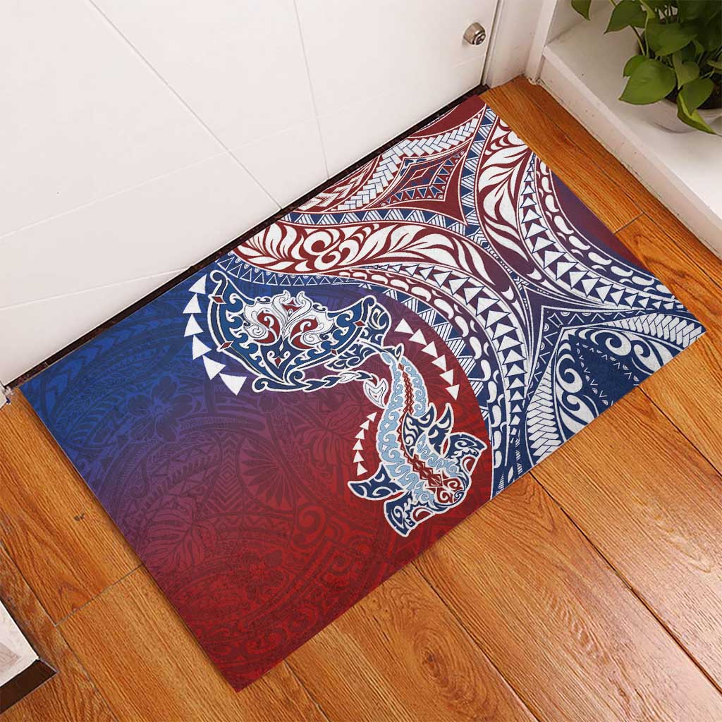 Hawaiian Manta Ray and Hammerhead Shark Tribal Tattoo Rubber Doormat with Polynesian Tribal Pattern Hawaii Flag Color LT03 - Polynesian Pride