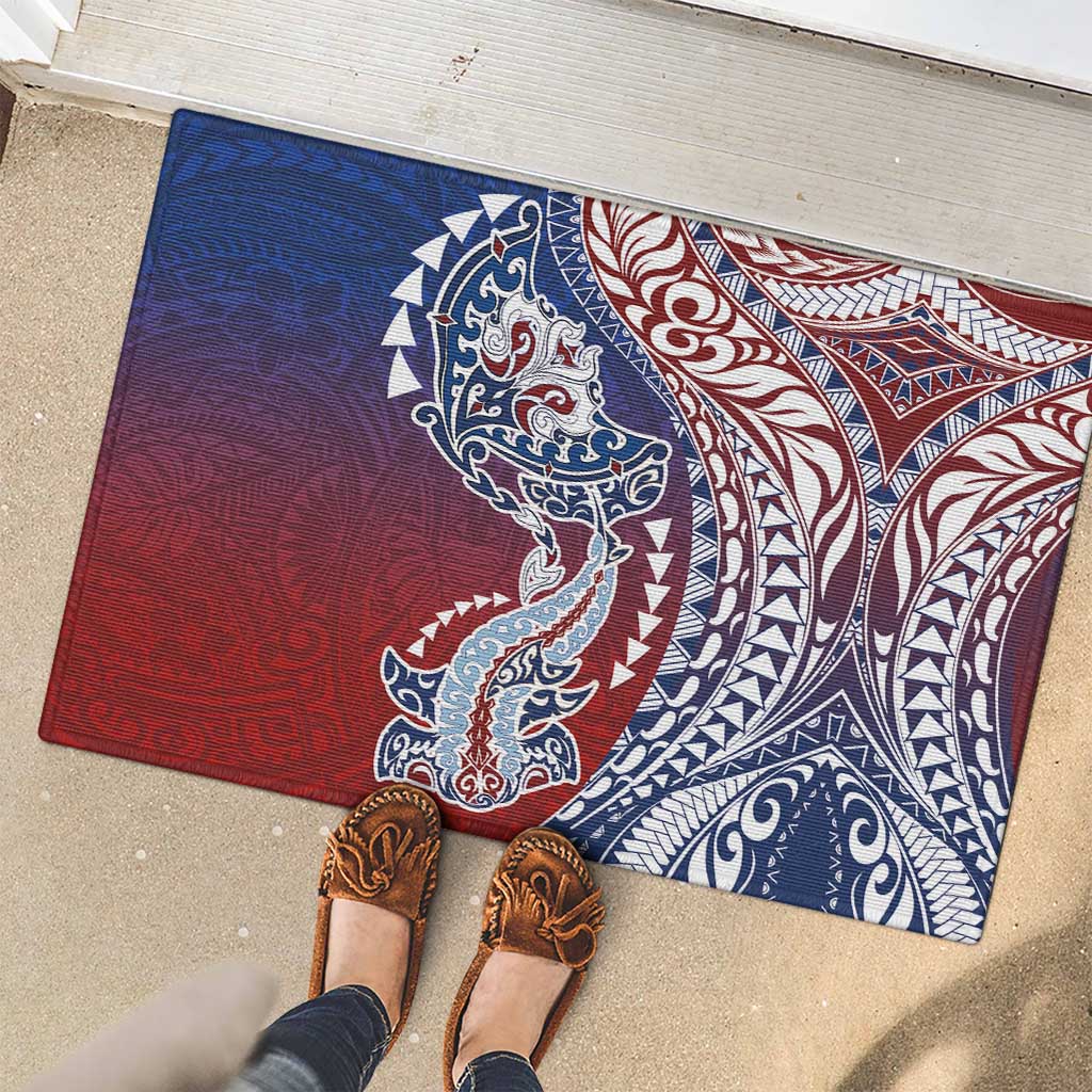 Hawaiian Manta Ray and Hammerhead Shark Tribal Tattoo Rubber Doormat with Polynesian Tribal Pattern Hawaii Flag Color LT03 - Polynesian Pride