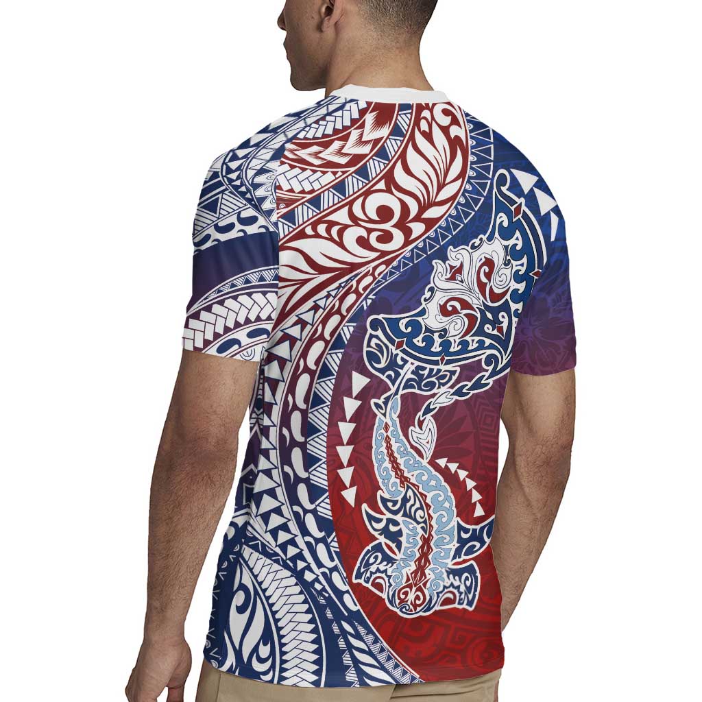 Hawaiian Manta Ray and Hammerhead Shark Tribal Tattoo Rugby Jersey with Polynesian Tribal Pattern Hawaii Flag Color LT03 - Polynesian Pride