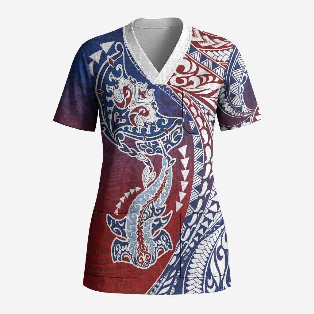 Hawaiian Manta Ray and Hammerhead Shark Tribal Tattoo Scrub Top with Polynesian Tribal Pattern Hawaii Flag Color LT03 Adult Multicolor - Polynesian Pride