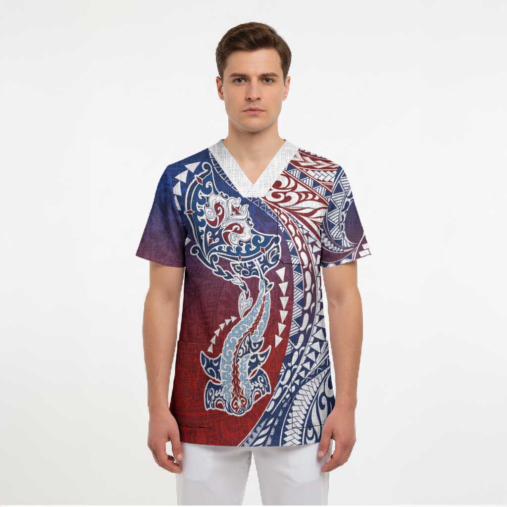 Hawaiian Manta Ray and Hammerhead Shark Tribal Tattoo Scrub Top with Polynesian Tribal Pattern Hawaii Flag Color LT03 - Polynesian Pride