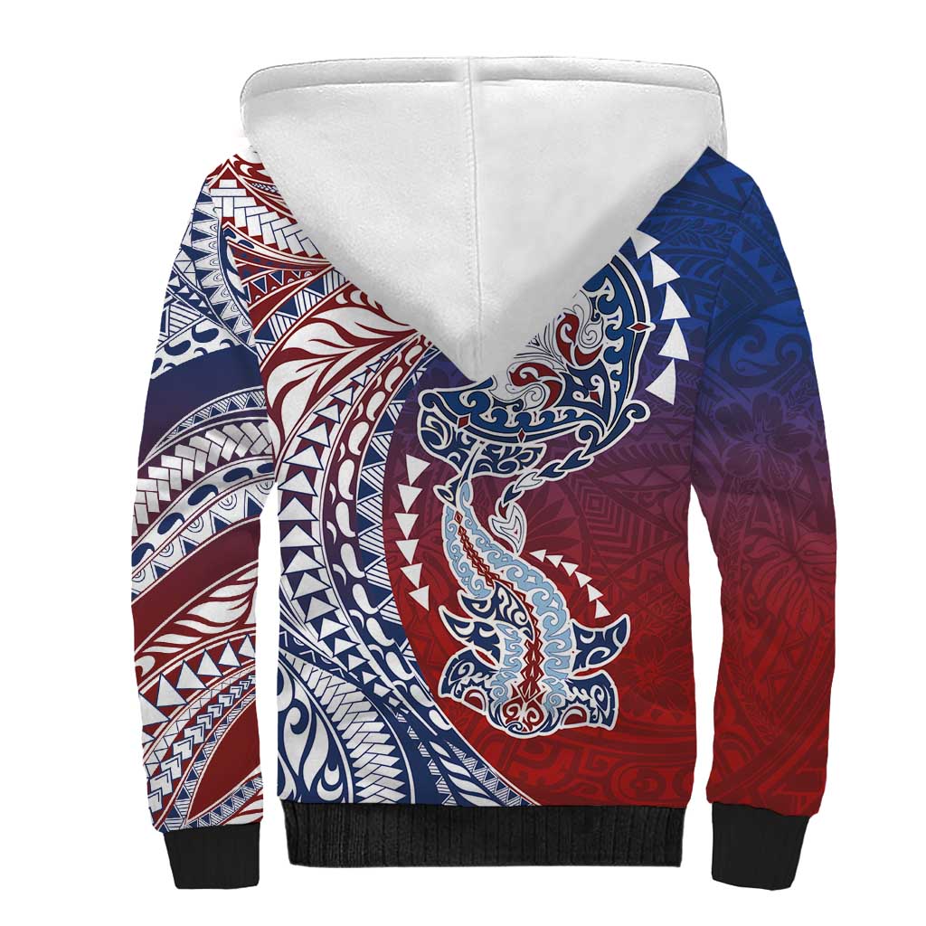 Hawaiian Manta Ray and Hammerhead Shark Tribal Tattoo Sherpa Hoodie with Polynesian Tribal Pattern Hawaii Flag Color