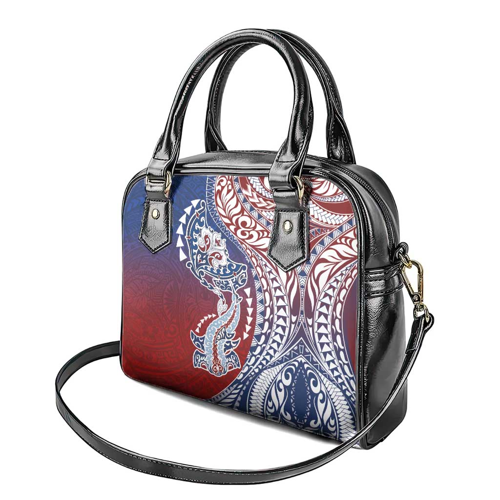 Hawaiian Manta Ray and Hammerhead Shark Tribal Tattoo Shoulder Handbag with Polynesian Tribal Pattern Hawaii Flag Color