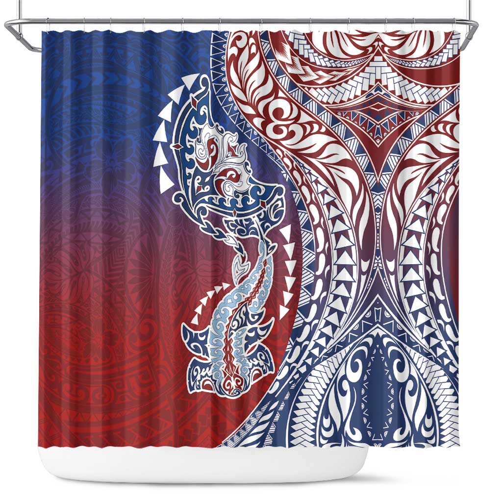 Hawaiian Manta Ray and Hammerhead Shark Tribal Tattoo Shower Curtain with Polynesian Tribal Pattern Hawaii Flag Color LT03 Multicolor - Polynesian Pride