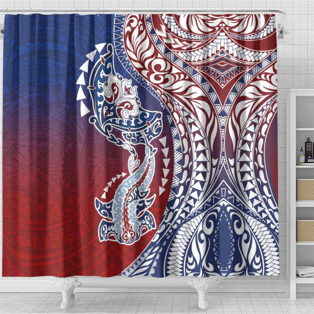 Hawaiian Manta Ray and Hammerhead Shark Tribal Tattoo Shower Curtain with Polynesian Tribal Pattern Hawaii Flag Color LT03 - Polynesian Pride