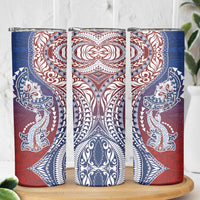 Hawaiian Manta Ray and Hammerhead Shark Tribal Tattoo Skinny Tumbler with Polynesian Tribal Pattern Hawaii Flag Color