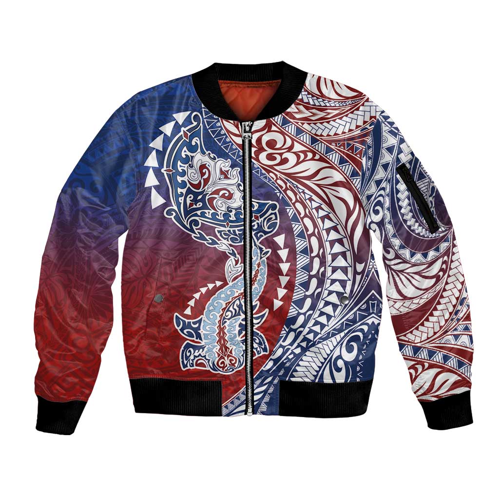 Hawaiian Manta Ray and Hammerhead Shark Tribal Tattoo Sleeve Zip Bomber Jacket with Polynesian Tribal Pattern Hawaii Flag Color LT03 Unisex Multicolor - Polynesian Pride
