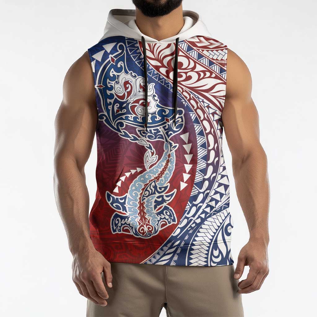 Hawaiian Manta Ray and Hammerhead Shark Tribal Tattoo Sleeveless Hoodie with Polynesian Tribal Pattern Hawaii Flag Color LT03 - Polynesian Pride