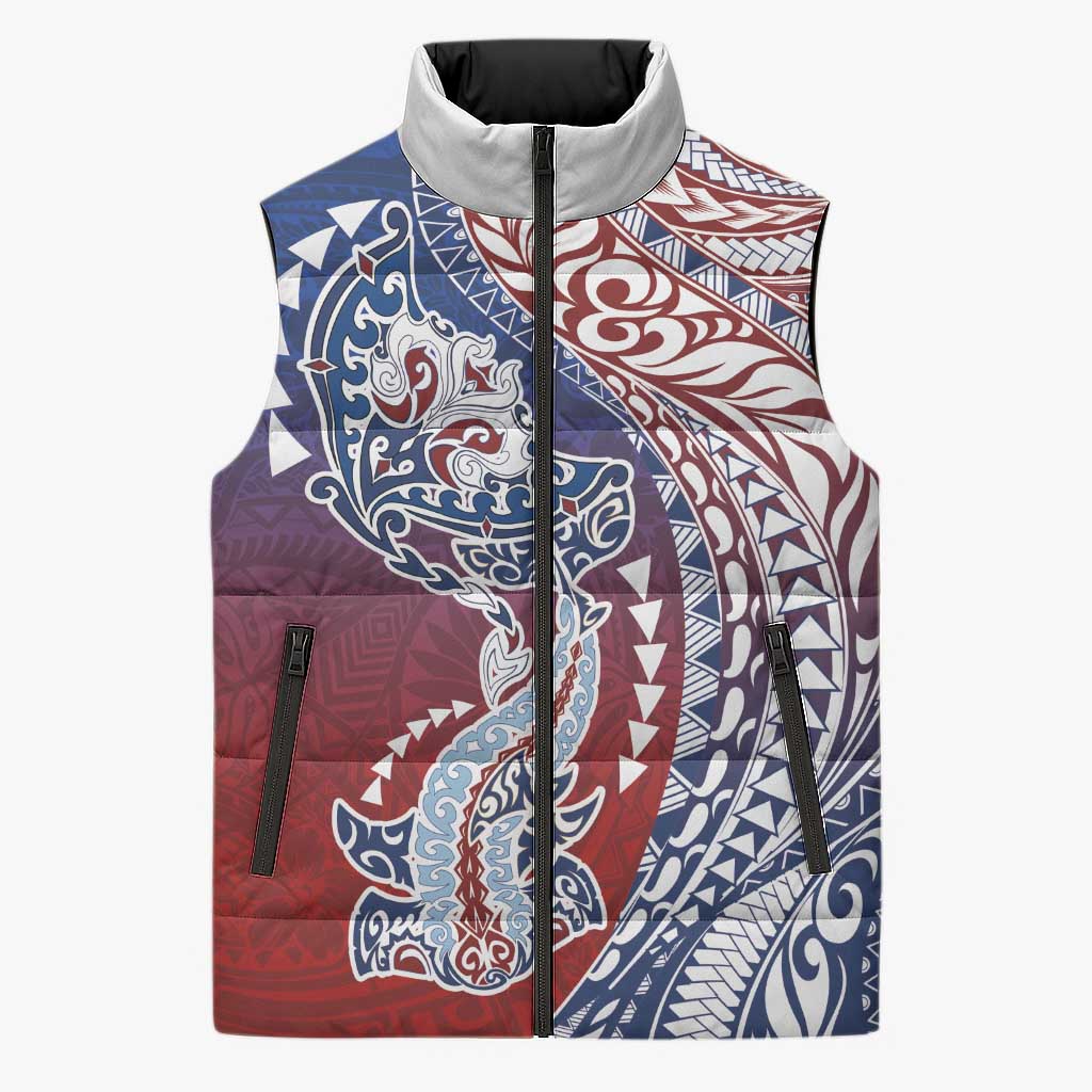 Hawaiian Manta Ray and Hammerhead Shark Tribal Tattoo Sleeveless Puffer Jacket with Polynesian Tribal Pattern Hawaii Flag Color LT03 Unisex Multicolor - Polynesian Pride