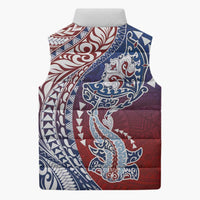 Hawaiian Manta Ray and Hammerhead Shark Tribal Tattoo Sleeveless Puffer Jacket with Polynesian Tribal Pattern Hawaii Flag Color