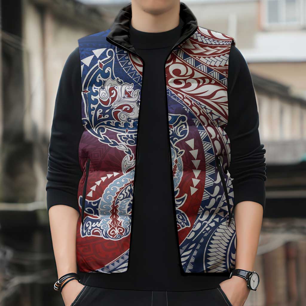 Hawaiian Manta Ray and Hammerhead Shark Tribal Tattoo Sleeveless Puffer Jacket with Polynesian Tribal Pattern Hawaii Flag Color