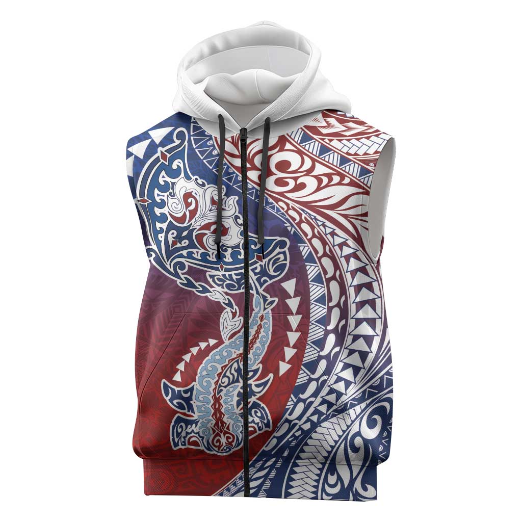 Hawaiian Manta Ray and Hammerhead Shark Tribal Tattoo Sleeveless Zip Hoodie with Polynesian Tribal Pattern Hawaii Flag Color LT03 Multicolor - Polynesian Pride
