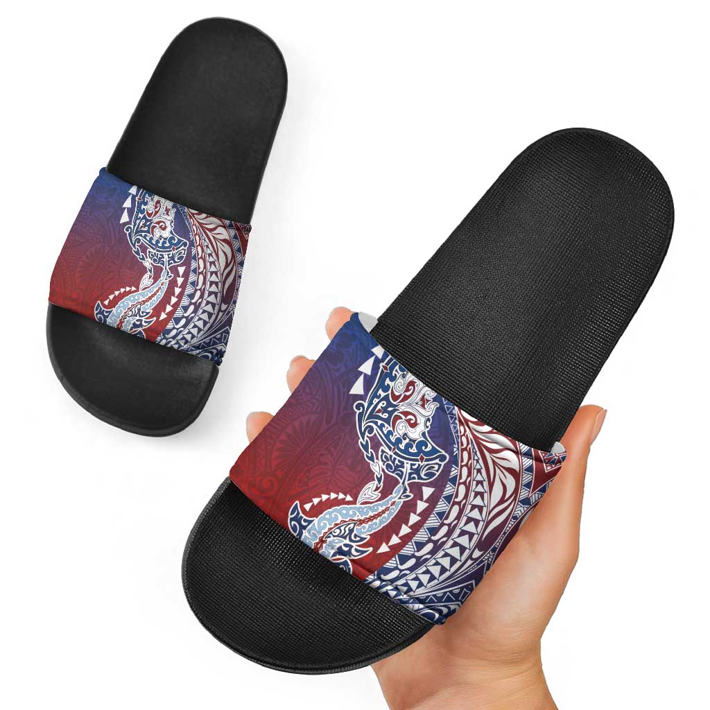 Hawaiian Manta Ray and Hammerhead Shark Tribal Tattoo Slide Sandals with Polynesian Tribal Pattern Hawaii Flag Color LT03 - Polynesian Pride