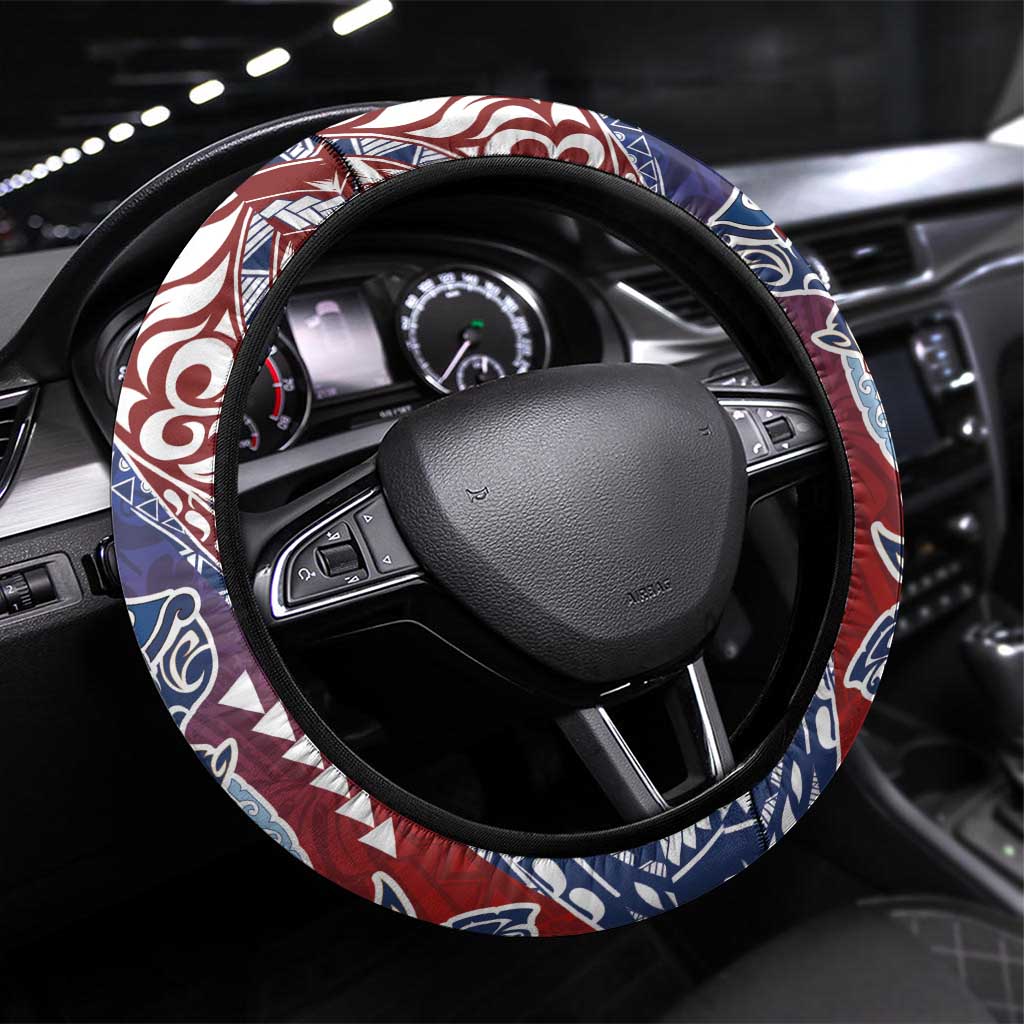 Hawaiian Manta Ray and Hammerhead Shark Tribal Tattoo Steering Wheel Cover with Polynesian Tribal Pattern Hawaii Flag Color LT03 Universal Fit Multicolor - Polynesian Pride