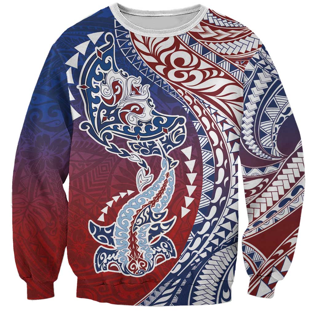 Hawaiian Manta Ray and Hammerhead Shark Tribal Tattoo Sweatshirt with Polynesian Tribal Pattern Hawaii Flag Color LT03 Unisex Multicolor - Polynesian Pride