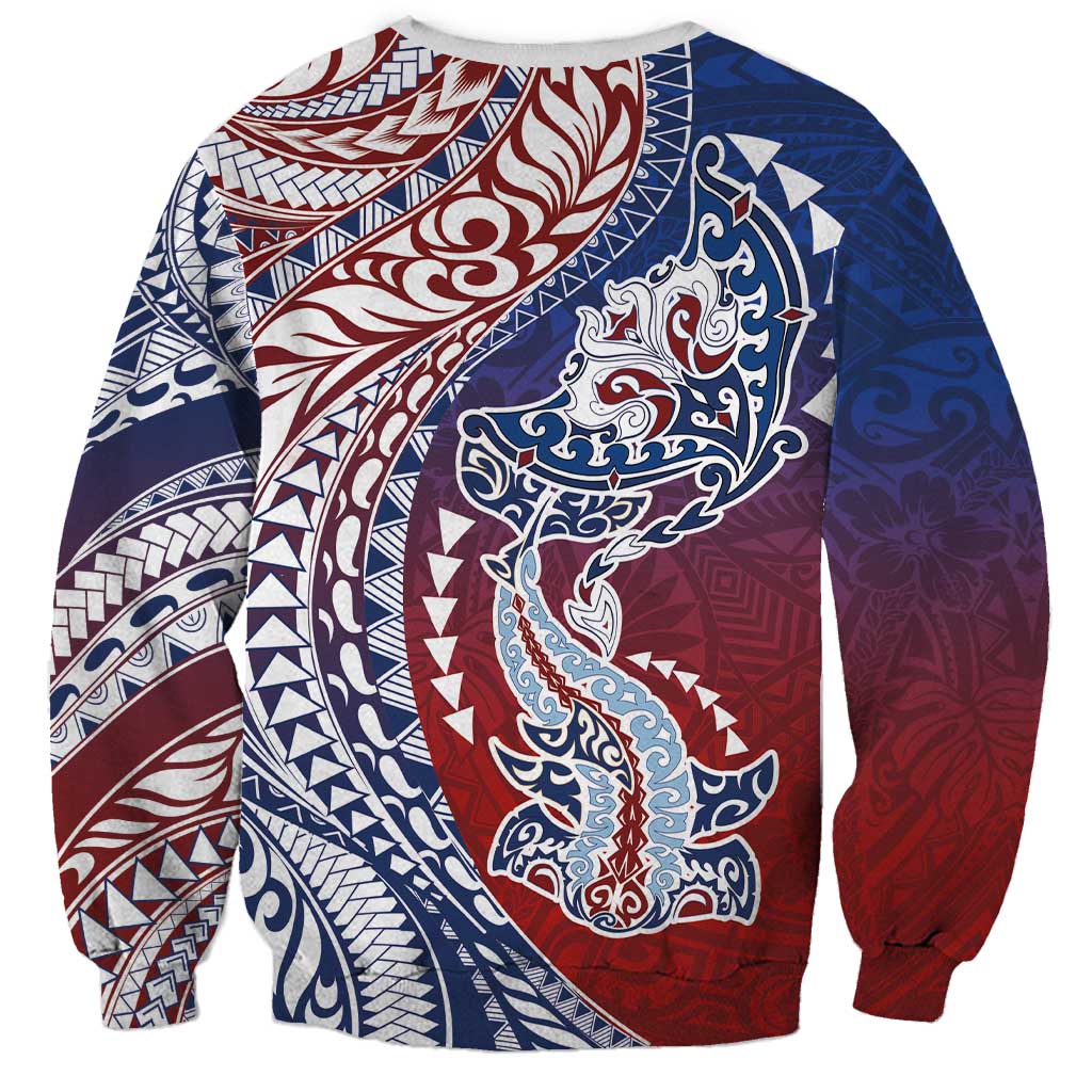 Hawaiian Manta Ray and Hammerhead Shark Tribal Tattoo Sweatshirt with Polynesian Tribal Pattern Hawaii Flag Color LT03 - Polynesian Pride