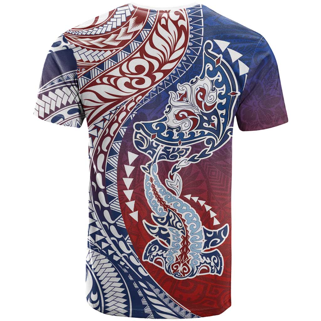 Hawaiian Manta Ray and Hammerhead Shark Tribal Tattoo T Shirt with Polynesian Tribal Pattern Hawaii Flag Color