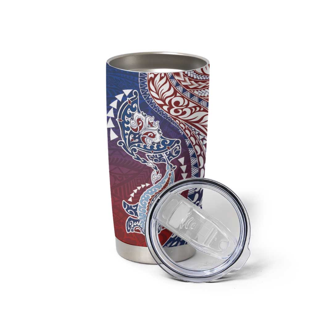 Hawaiian Manta Ray and Hammerhead Shark Tribal Tattoo Tumbler Cup with Polynesian Tribal Pattern Hawaii Flag Color LT03 - Polynesian Pride