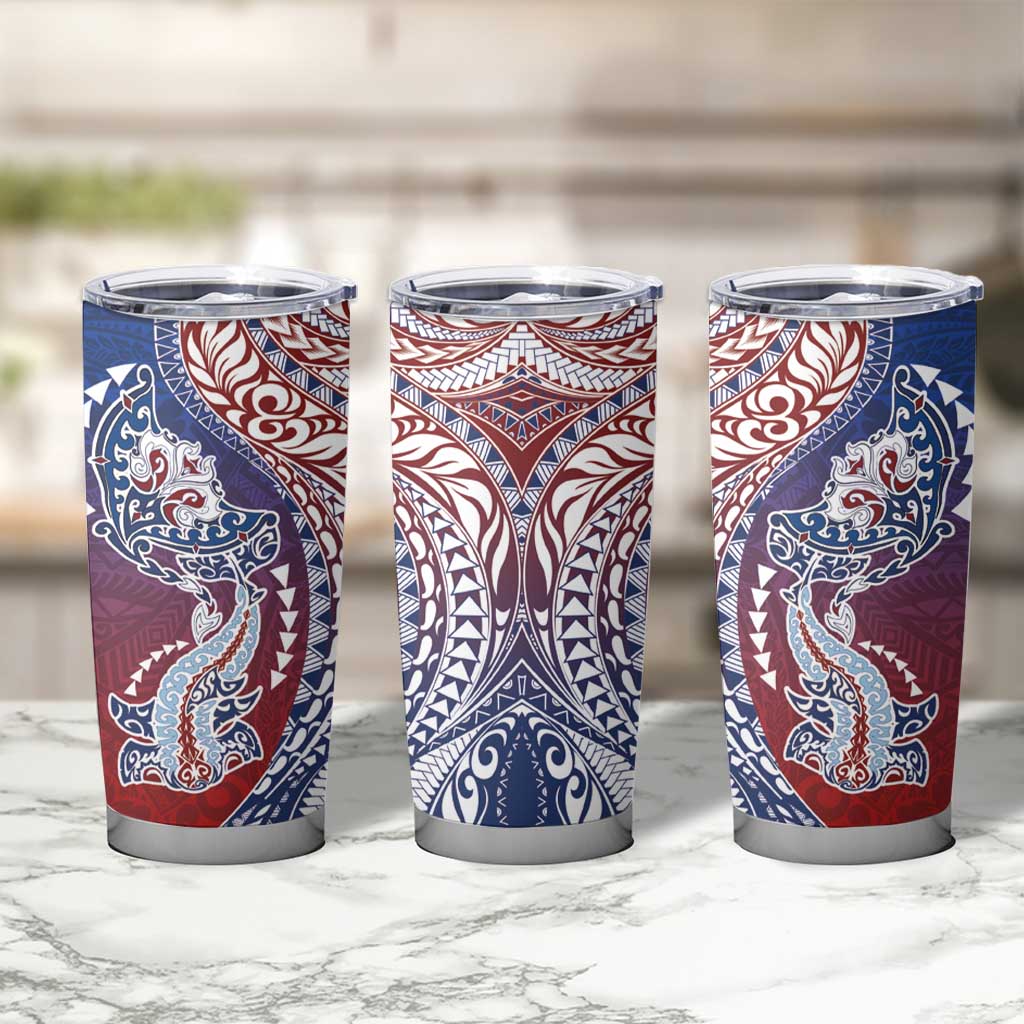 Hawaiian Manta Ray and Hammerhead Shark Tribal Tattoo Tumbler Cup with Polynesian Tribal Pattern Hawaii Flag Color LT03 - Polynesian Pride