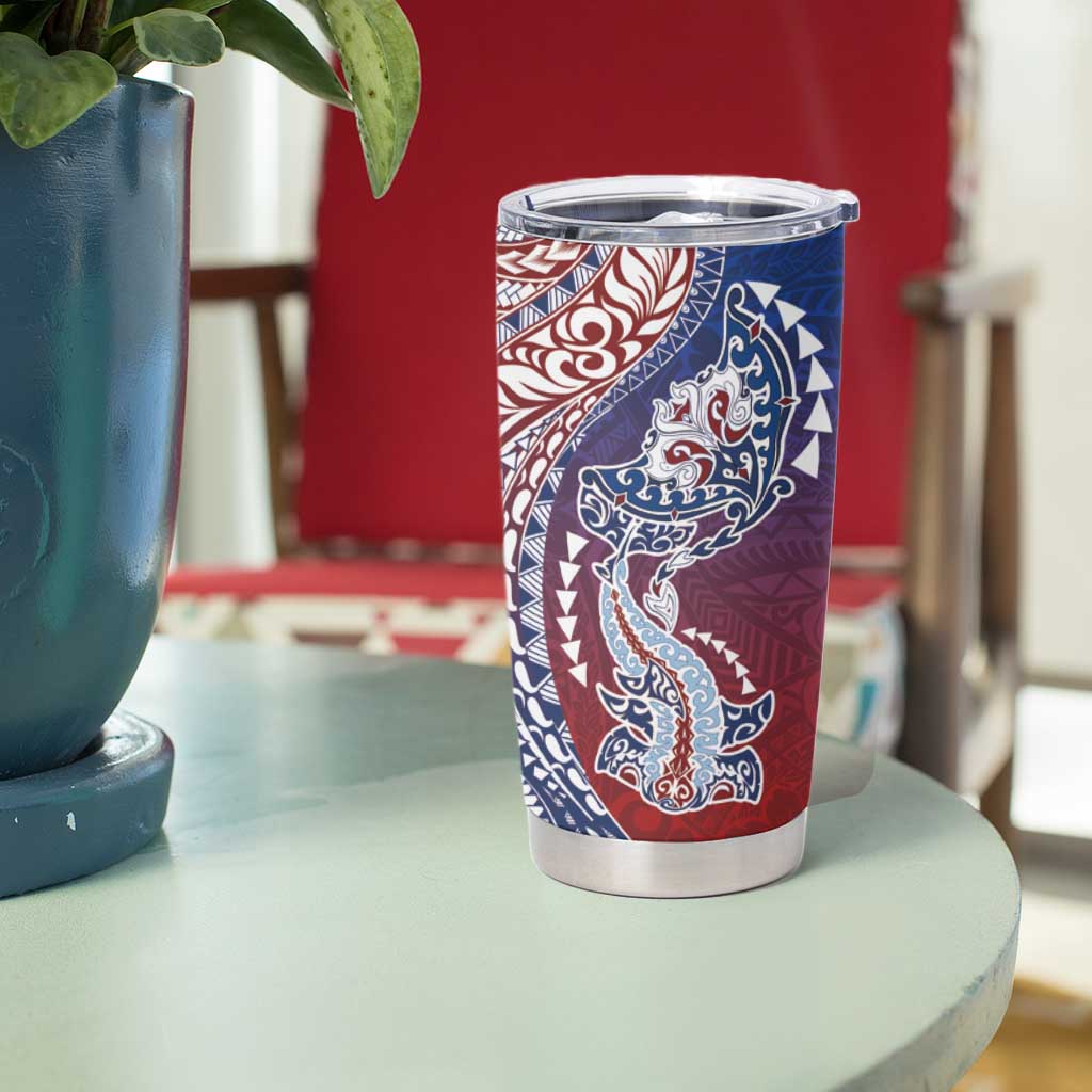 Hawaiian Manta Ray and Hammerhead Shark Tribal Tattoo Tumbler Cup with Polynesian Tribal Pattern Hawaii Flag Color LT03 - Polynesian Pride