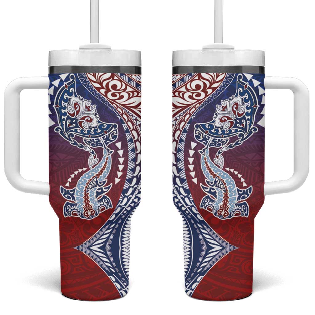 Hawaiian Manta Ray and Hammerhead Shark Tribal Tattoo Tumbler With Handle with Polynesian Tribal Pattern Hawaii Flag Color LT03 One Size: 40 oz Multicolor - Polynesian Pride