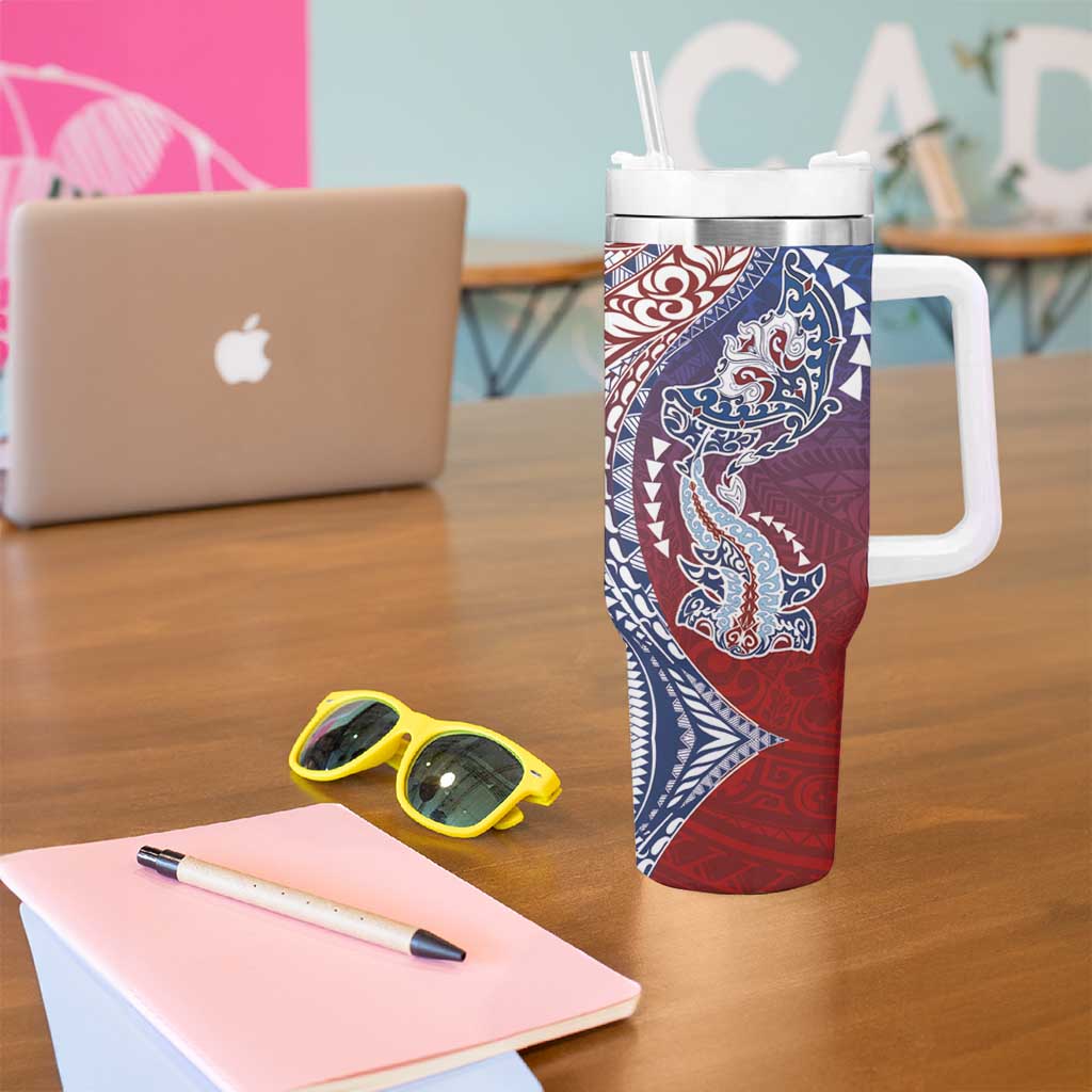 Hawaiian Manta Ray and Hammerhead Shark Tribal Tattoo Tumbler With Handle with Polynesian Tribal Pattern Hawaii Flag Color LT03 - Polynesian Pride