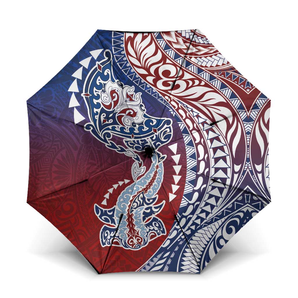 Hawaiian Manta Ray and Hammerhead Shark Tribal Tattoo Umbrella with Polynesian Tribal Pattern Hawaii Flag Color