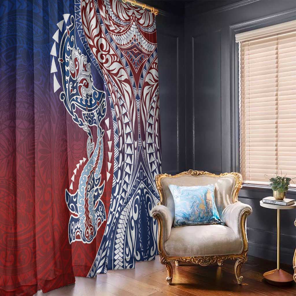 Hawaiian Manta Ray and Hammerhead Shark Tribal Tattoo Window Curtain with Polynesian Tribal Pattern Hawaii Flag Color LT03 - Polynesian Pride
