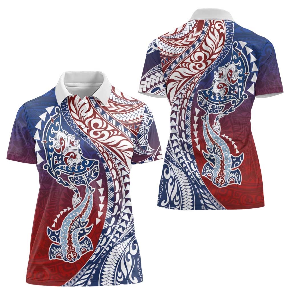 Hawaiian Manta Ray and Hammerhead Shark Tribal Tattoo Women Polo Shirt with Polynesian Tribal Pattern Hawaii Flag Color