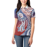 Hawaiian Manta Ray and Hammerhead Shark Tribal Tattoo Women Polo Shirt with Polynesian Tribal Pattern Hawaii Flag Color