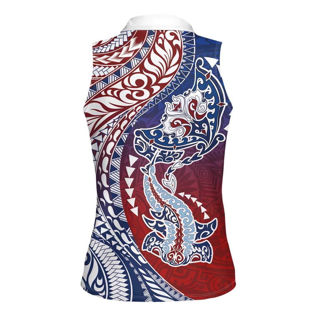 Hawaiian Manta Ray and Hammerhead Shark Tribal Tattoo Women Sleeveless Polo Shirt with Polynesian Tribal Pattern Hawaii Flag Color LT03 - Polynesian Pride