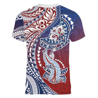 Hawaiian Manta Ray and Hammerhead Shark Tribal Tattoo Women V-Neck T-Shirt with Polynesian Tribal Pattern Hawaii Flag Color