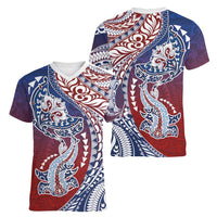 Hawaiian Manta Ray and Hammerhead Shark Tribal Tattoo Women V-Neck T-Shirt with Polynesian Tribal Pattern Hawaii Flag Color