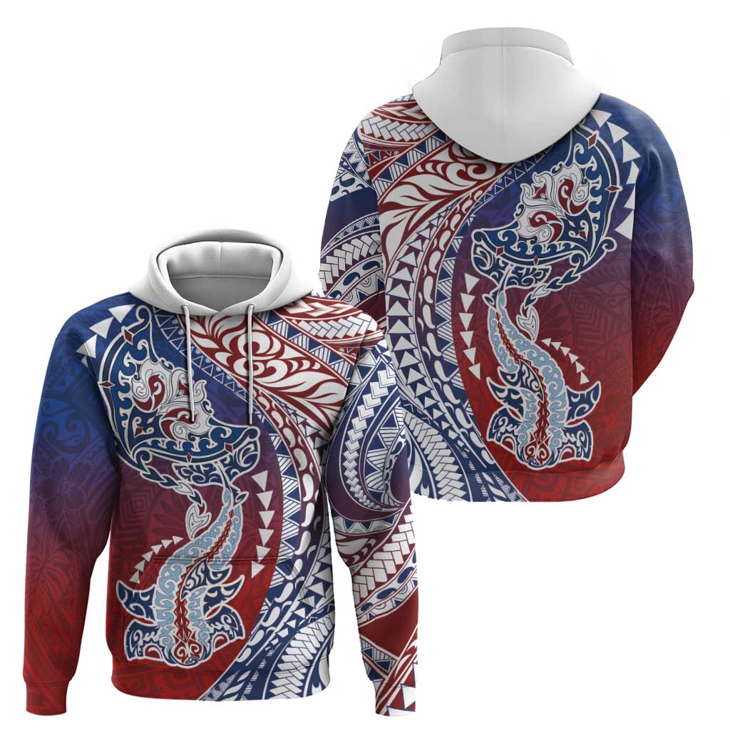 Hawaiian Manta Ray and Hammerhead Shark Tribal Tattoo Zip Hoodie with Polynesian Tribal Pattern Hawaii Flag Color LT03 - Polynesian Pride