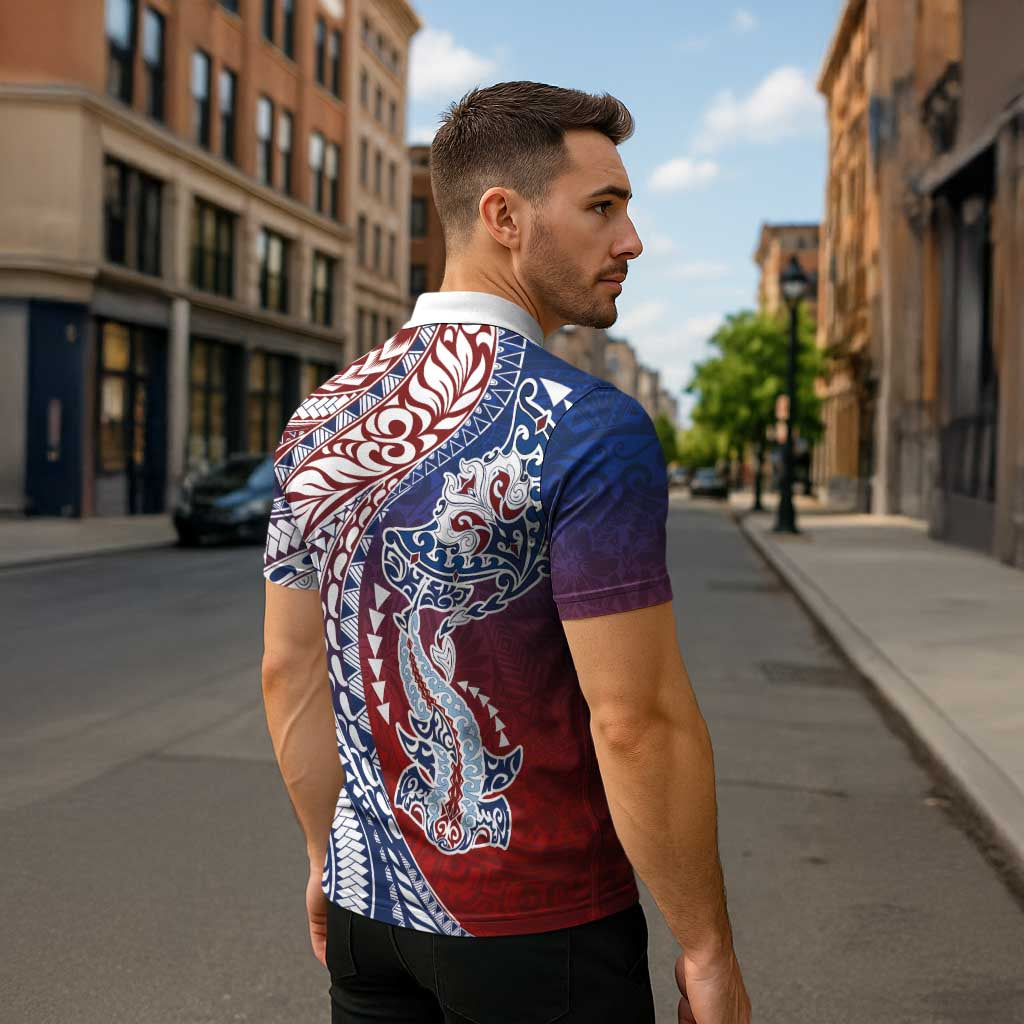 Hawaiian Manta Ray and Hammerhead Shark Tribal Tattoo Zipper Polo Shirt with Polynesian Tribal Pattern Hawaii Flag Color